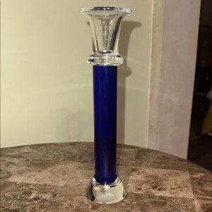 Elegant Crate & Barrel Cobalt Blue & Clear Glass Candleholder 10 inches
